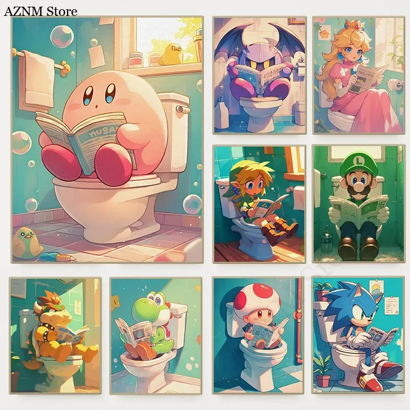 Watercolor Poster Print - مضحك الحمام الكرتون لعبة فيديو المشارك