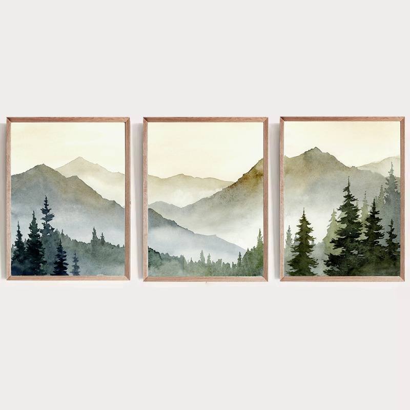 Watercolor Poster Print - لوحة فنية مائية لغروب الشمس والجبال