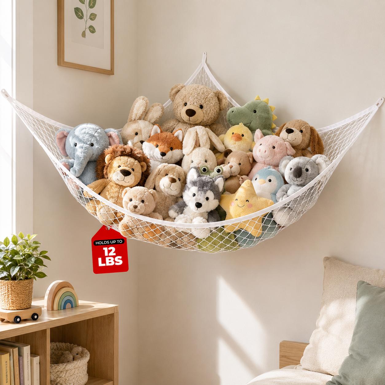 Home Decor Zone - شبكة تخزين ألعاب معلقة، منظم للدمى